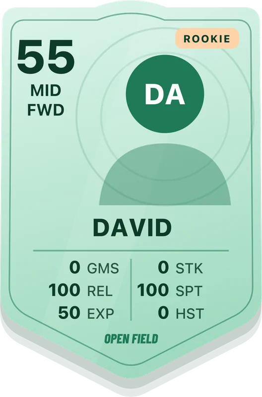 The front of an Open Field player card for David: 55 overall, midfielder and forward, Rookie