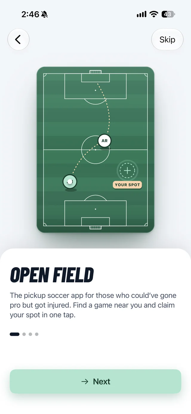 Open Field's welcome screen: a pitch with an open spot waiting for you