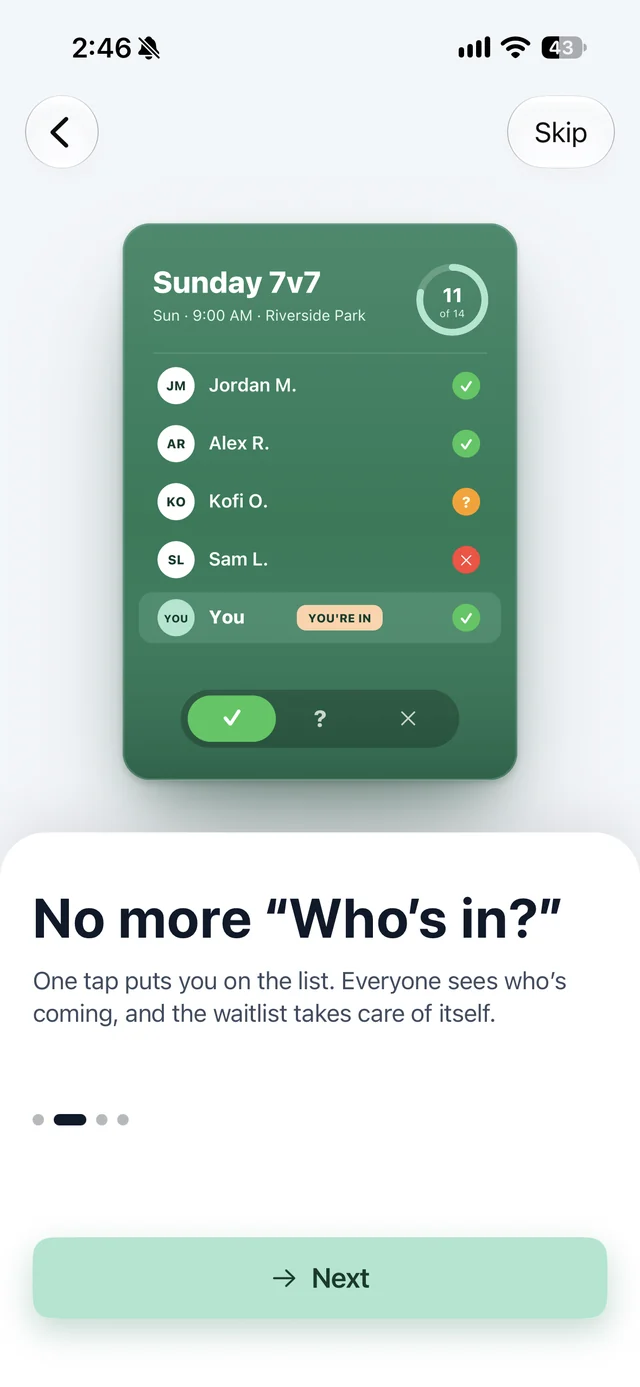 An event in Open Field showing who's in, who's a maybe and who's out, with your answer